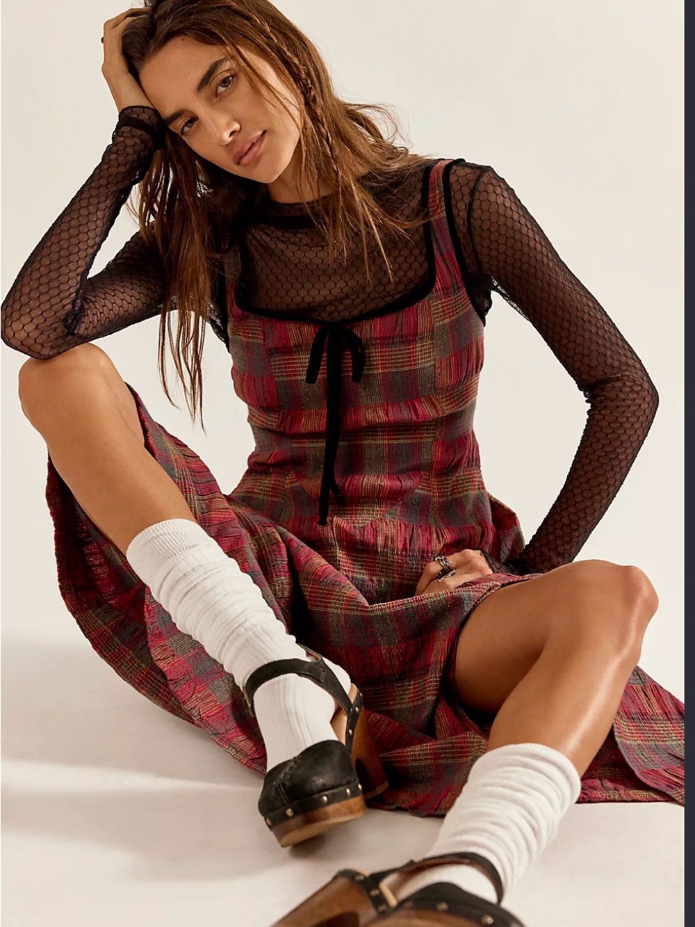 Free People Freya Strappy Plaid Midi Dress Cherry Medium NWT - Picture 7 of 16